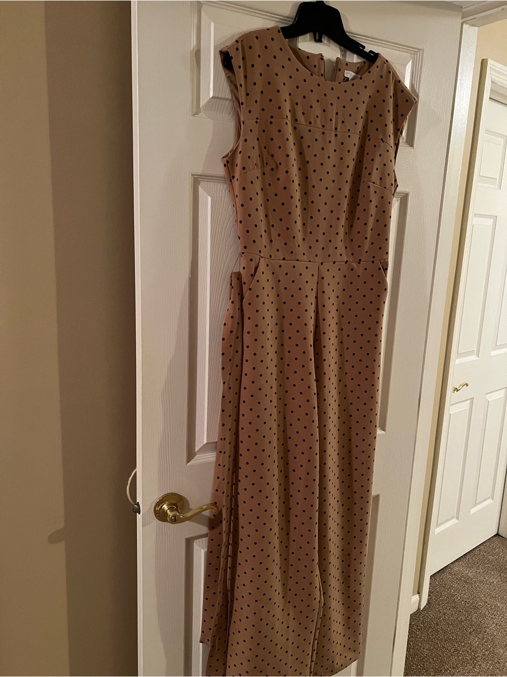 New York & Company Tan Jumpsuit with Black Polka Dots
